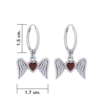 Gemstone Heart and Flying Angel Wings Silver Hoop Earrings TER2103 - Jewelry